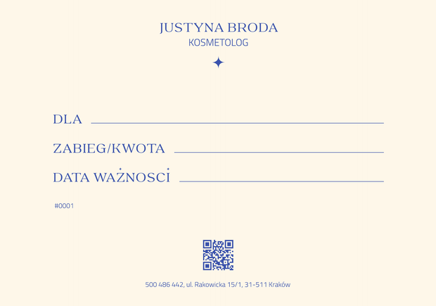 Kremowa strona vouchera podarunkowego Justyny Brody